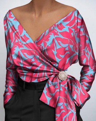 women shirt Satin Blouse Print Blouses Sexy Belt Top Elegant HF2813-02-01