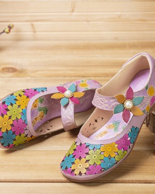  Natural Flowers Hollow Out Cowhide Leather Comfy Breathable Wearable Casual Flat Shoes
