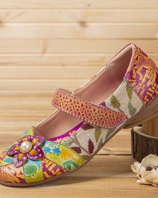  Retro Flower Decor Printed Cowhide Leather Stitching Cloth Comfy Round Toe Casual Flat Shoes